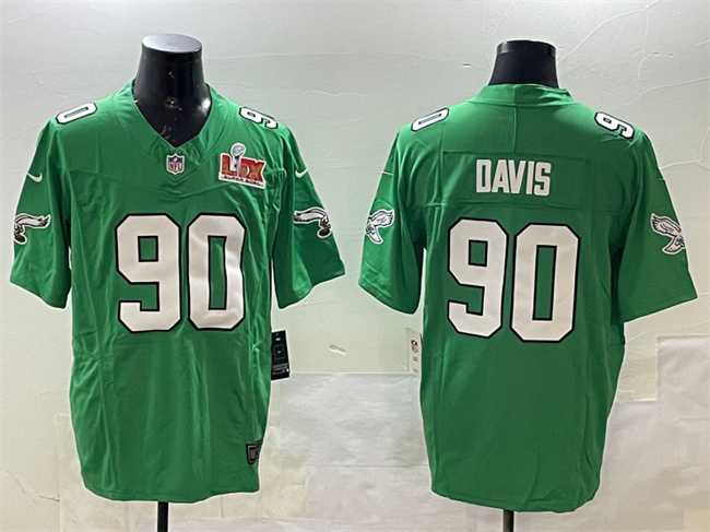 Mens Philadelphia Eagles #90 Jordan Davis Green 2025 Super Bowl LIX Patch F.U.S.E. Throwback Vapor Untouchable Limited Stitched Jersey